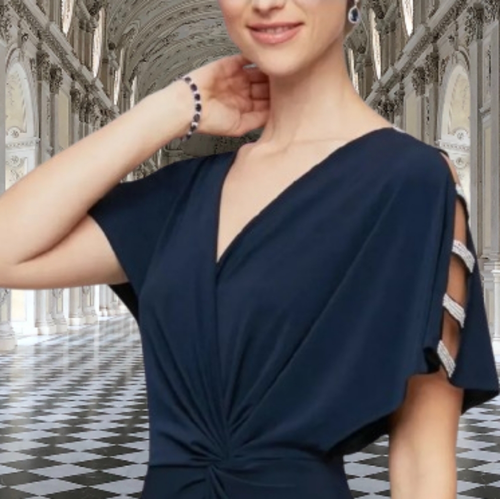 π£ Alex Evenings Long Knot Front DressπMaxi Front Slit Ladder Rhinestone π 10 - Picture 2 of 9